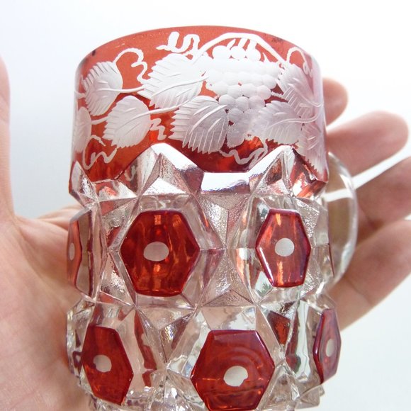 Vintage Red Block Glass Tumbler with Grape Vines, chipped rim - Picture 4 of 7